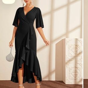 Black Cape Sleeve Dip Hem Wrap Solid Dress